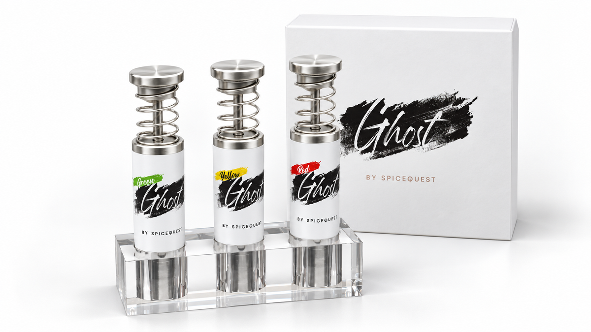 Ghost Kit with three silver-tipped Ghost pepper grinders, clear acrylic stand, and white Ghost gift box