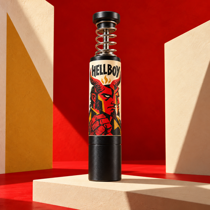 Hellboy matte black grinder framed by red and cream geometric panels