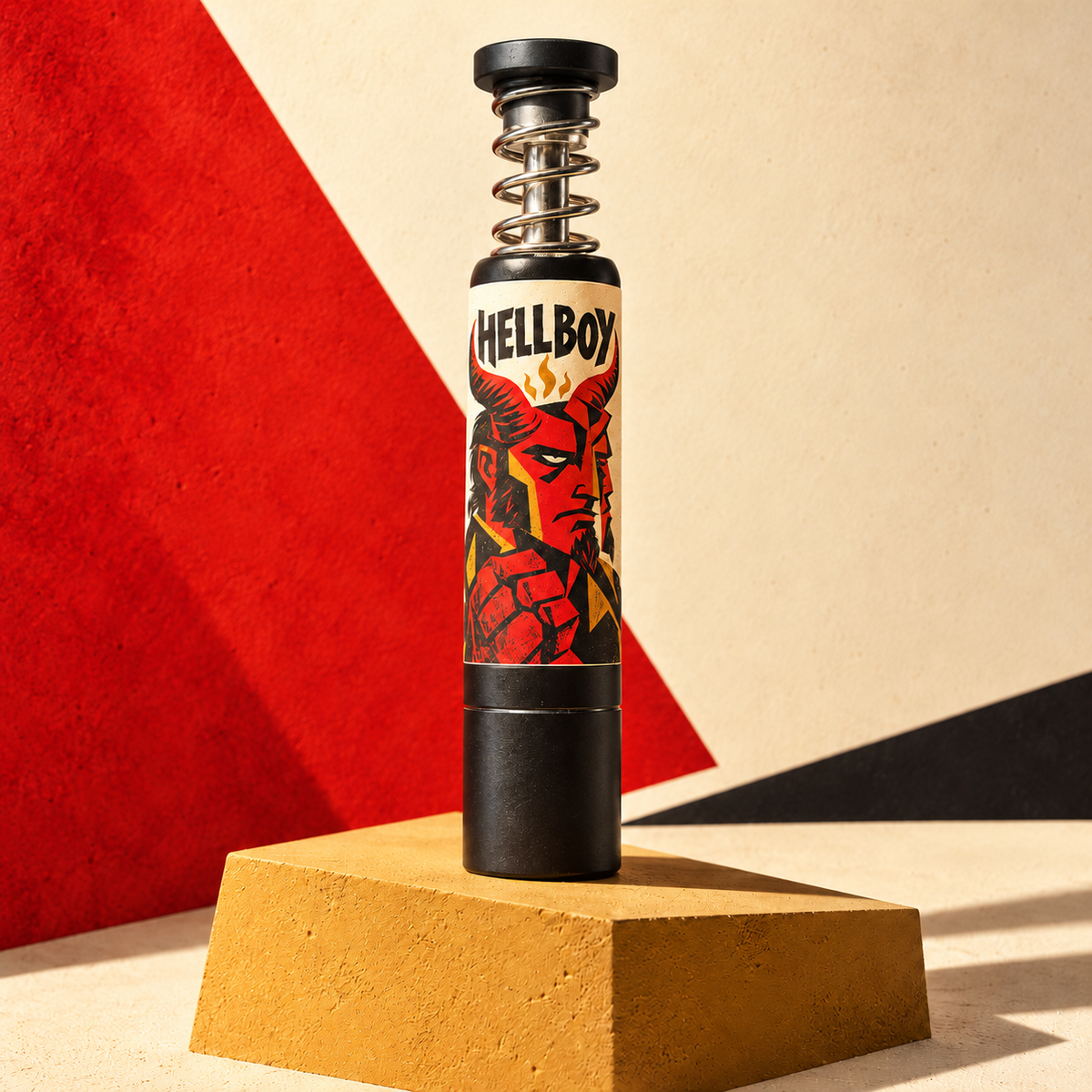Hellboy matte black grinder on a gold plinth