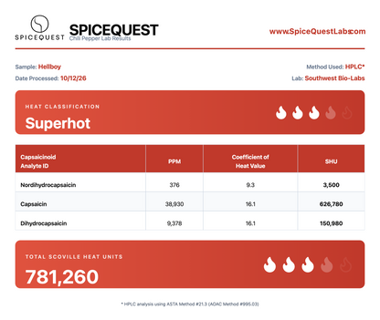 Hellboy HPLC lab report: 781,260 SHU, Superhot, Southwest Bio-Labs, October 12, 2026