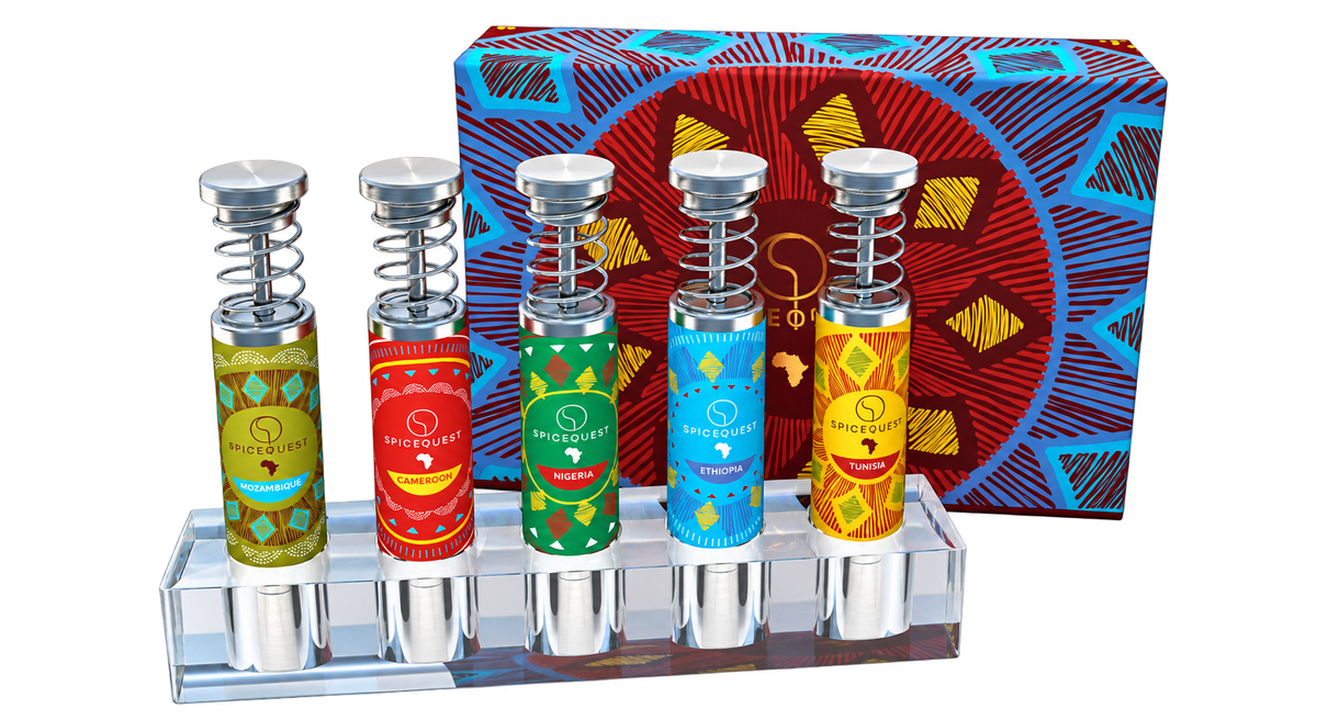 SpiceQuest African Spice Kit with five colorful grinders, acrylic stand and presentation box